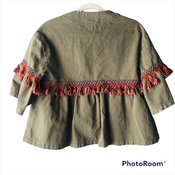 Zara Womens Size XS Denim Army Green Cropped Fringe Jacket Tassels Boho Boxy Fit - Picture 4 of 9
